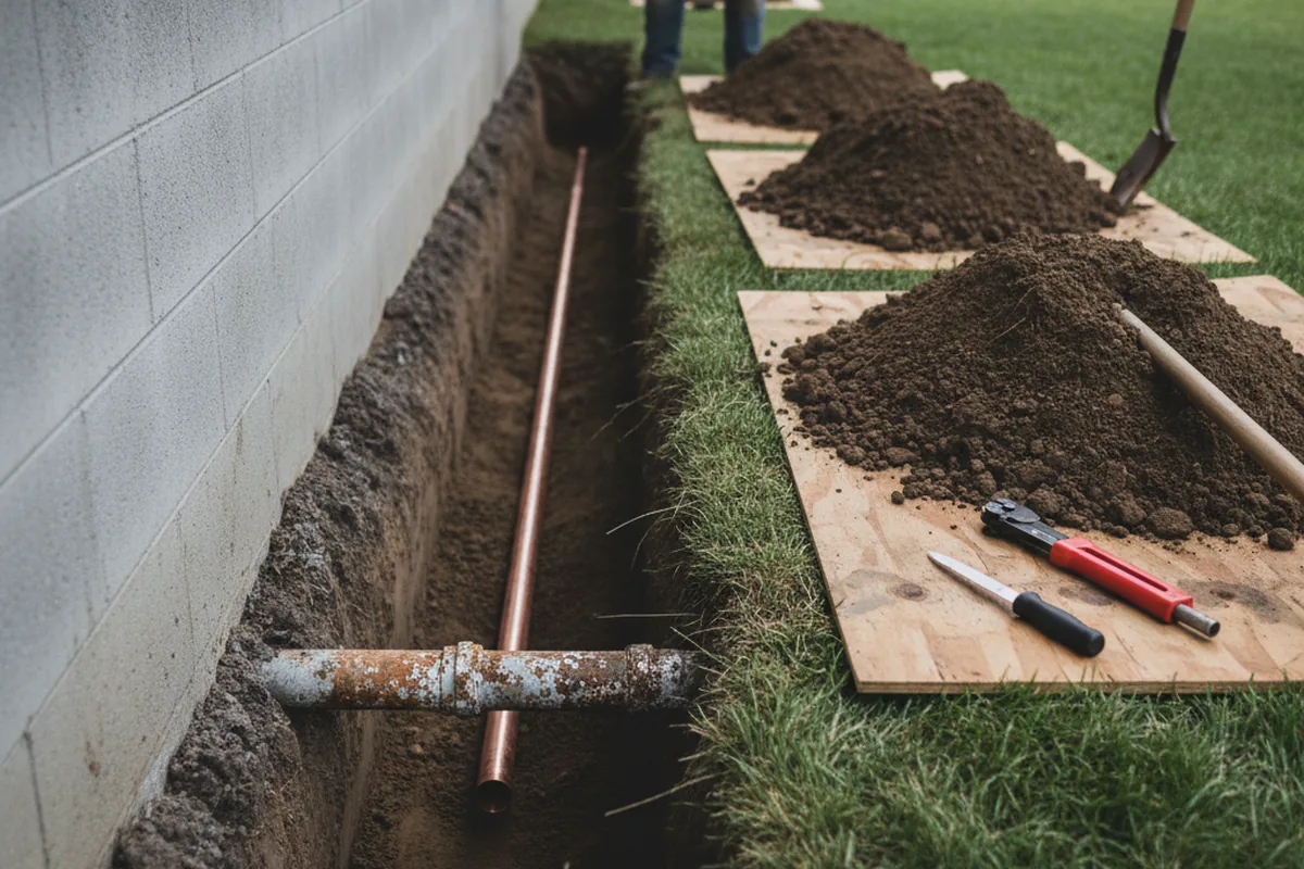 Excavated water line trench during Water Softener Installation in Wynona